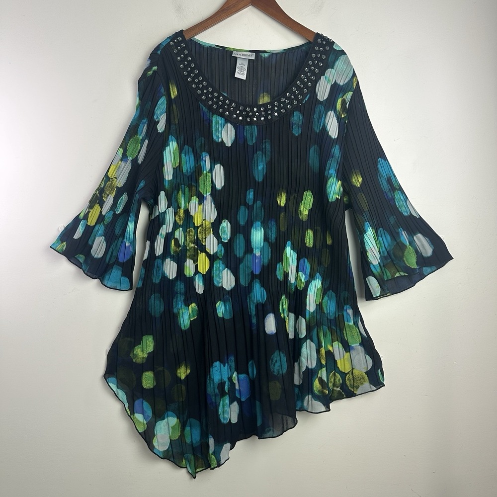 Catherines Scoop Neck Top Womens 2X 22/24W Black Turquoise Crinkle Flutter